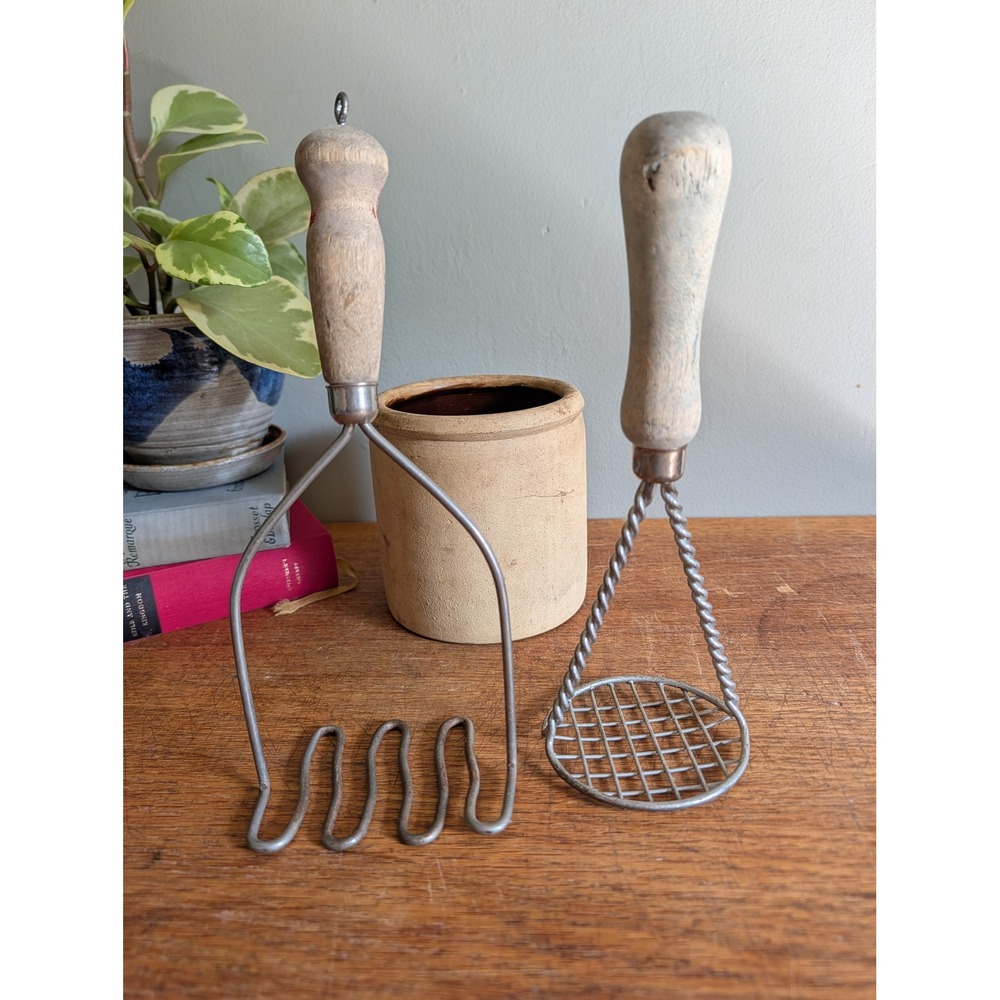 Vintage Potato Masher Set 2 Wood Handle Primitive Rustic Kitchen Tools Farmhouse